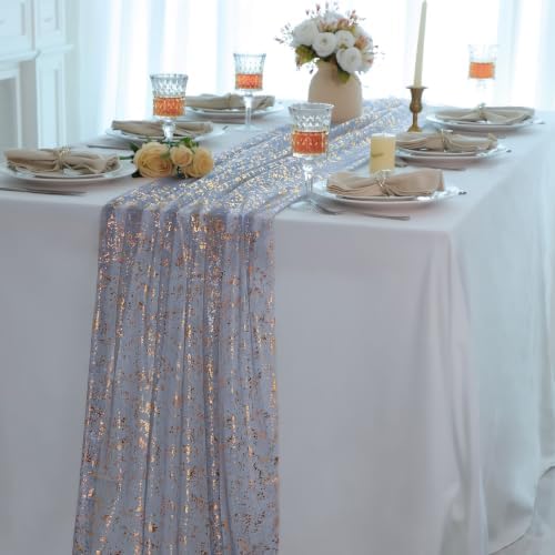 Snowkingdom 10Pcs Dusty Blue Gold Table Runner 10Ft Glitter Sheer Gauze, Metallic Chiffon Cheesecloth Tulle, Sparkly Rustic Party Decorations for Wedding Birthday Baby Shower Baptism Winter Christmas - Image 5