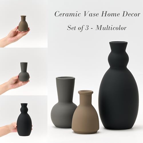 Ceramic Vase Set of 3, Nordic Minimalist Multicolor Vases Home Decor, Rustic Farmhouse Decor Pottery Vases for Bouquet Pampas Grass Dried Fresh Flowers, Living Room, Kitchen, Entryway Mantel, Bedroom - Image 3