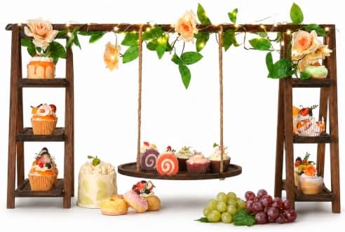 Wooden 3 Tier Cupcake Stand with Swing, String Lights, Rose Vine Decor by Unknown