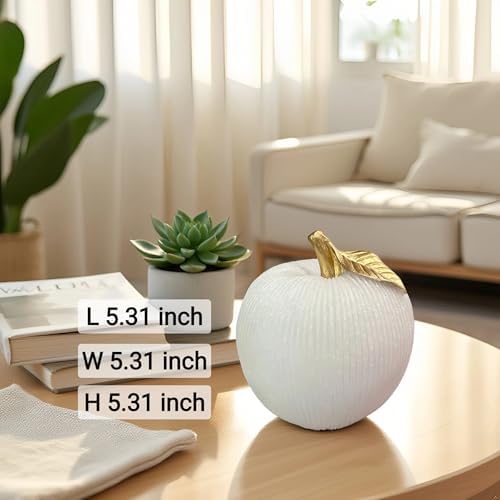 Sandstone White Apple Figurine with Gold Leaf, Textured Resin Fruit Sculpture, Modern Neutral Home Decor Statue Accent for Kitchen Counter, Coffee Table, Shelf & Dining Table Centerpiece - Image 3