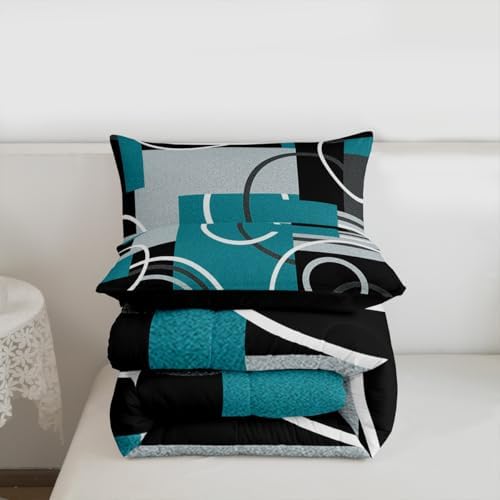 Modern Turquoise Decor Comforter Full Geometric Circles Gird Bedding Set For Boys Girls Kids Teens Adult Black Grey Down Comforter Stripe Swirls Duvet Set Modern Graphic Texture Quilted Comforter - Image 7