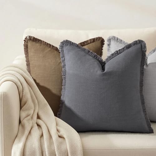 decorUhome Linen Fringe Dark Grey Throw Pillow Covers 18x18 Set of 2 - Image 4