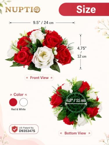NUPTIO Pcs of 6 Fake Flower Ball Arrangement Bouquet,15 Heads Plastic Roses with Base, Suitable for Our Store's Wedding Centerpiece Flower Rack for Parties Valentine's Day Home Décor (Red & White) - Image 5