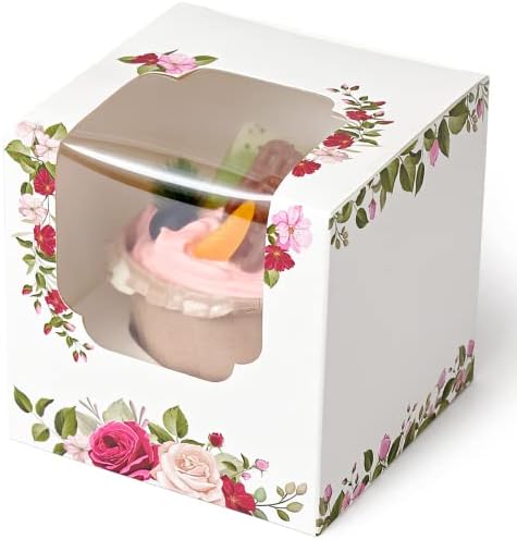 Happyhiram 100 Pack Rose Floral Single Cupcake Boxes with Inserts & Window by HappyHiram