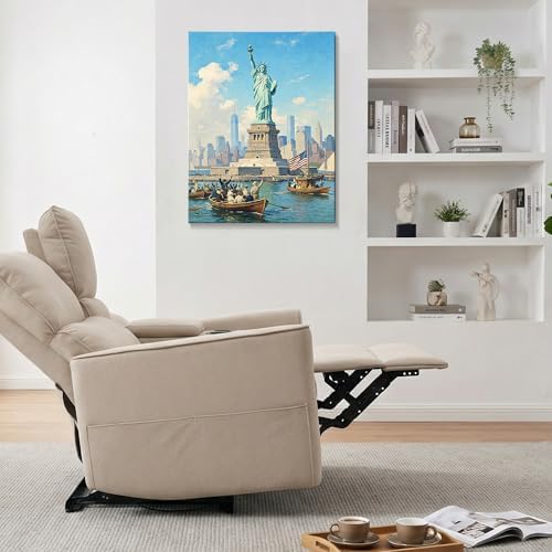 Patriotic Statue of Liberty Canvas Wall Art 4th of July New York Harbor Oil Painting USA Flag Vintage NYC Skyline Wall Decor Independence Day American Home Decor 16x24in - Image 3