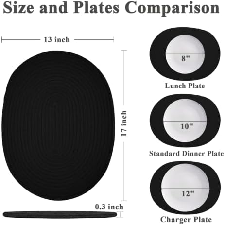 Oval Woven Cotton Placemats Set of 6, Thick Braided Rope Table Mats, 17 x 13 Inches Large Non Slip Heat Resistant Place Mats for Dining Table, Farmhouse Boho Hot Pads for Kitchen Decor (6, Black) - Image 2