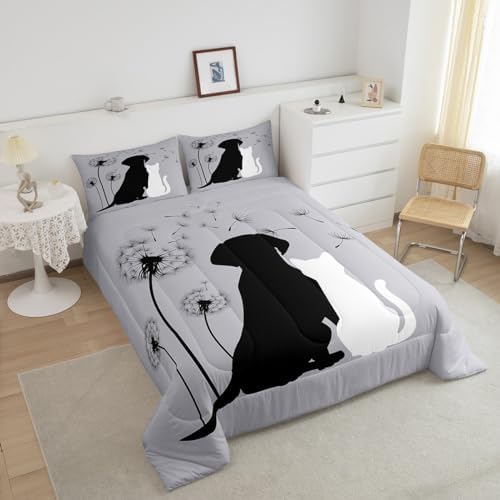 Cute Cat Dog Bedding Sets Twin, Kawaii Puppy Kitten Couple Comforter Set for Girls Boys Kids Teens, Dandelion Botanical Flowers Duvet Set, Cartoon Pet Animals Quilted Comforter with 2 Pillow Covers - Image 4