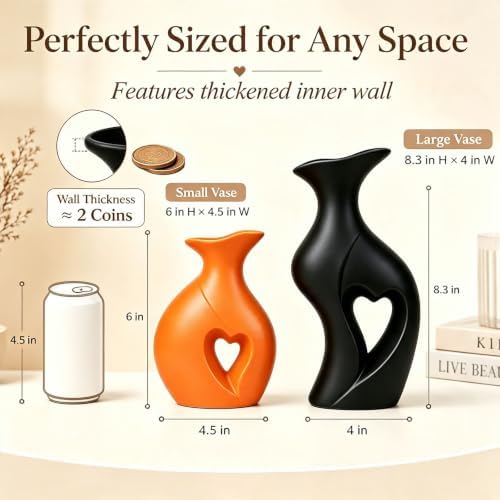 Fall Ceramic Vases Heart Shaped Vase Set of 2 (Orange & Black) - Image 3