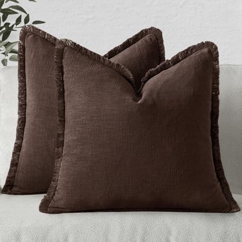 MIULEE Linen Fringe Decorative Fall Throw Pillow Covers Dark Brown 18x18 by MIULEE