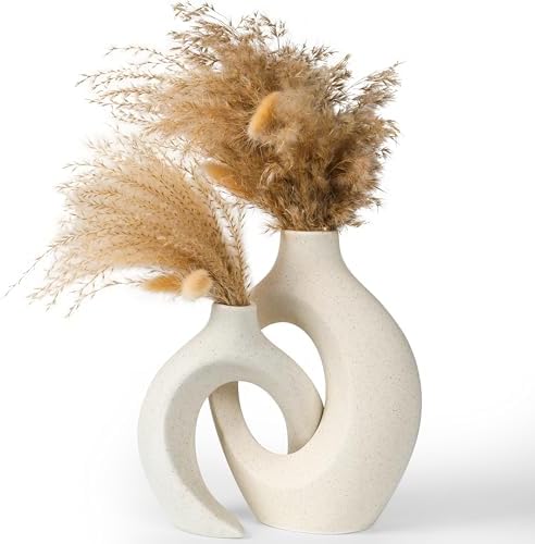 Donut Vase Set of 2, Beige Ceramic Boho Pampas Grass Entryway Decor by Unknown