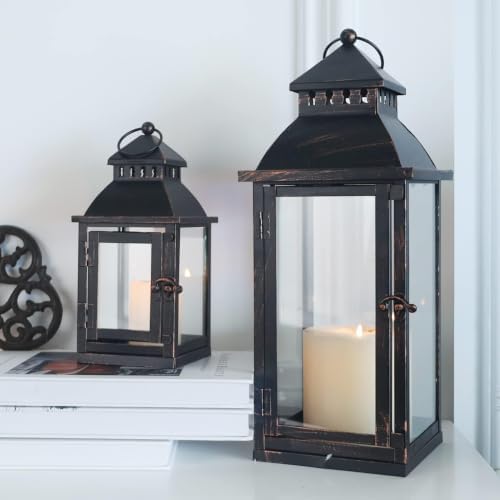 NEEDOMO Lanterns Decorative Outdoor&Indoor, Set of 2 Large Bronze Metal Lantern Decor with Glass, Candle Holder for Porch, Patio, Garden, Balcony, Wedding, Table Centerpiece Decorations - Image 6