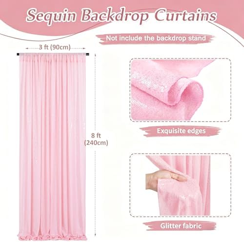 Pink Sequin Backdrop Curtains 2 Panels 3FTx8FT Backdrop for Valentines Day - Image 3