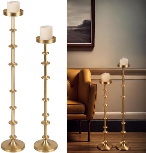 Maxdot Gold Metal Pillar Candle Holder 36" 29" Tall Decorative Taper Candle Stand Set of 2 Vintage Floor Candlestick Holde for Housewarming Wedding Christmas Halloween Living Room by Maxdot