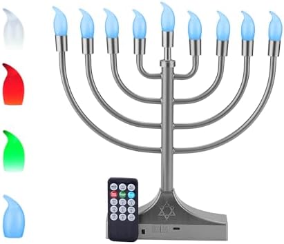 Electric Hanukkah Menorah,RGB Led Menorahs for Chanukah Decoration,Color Changing with Remote Control & Push-Button to Choose The Day and Timer Options Battery/USB Powered,Silver by NbHnJs