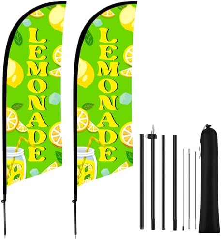 HunnmingRe 2 Green Lemonade Feather Flag Kit, 8ft Advertising Swooper Flag Banner with Pole and Ground Stake for Business Restaurant Advertising Banner for Outside Ground by HunnmingRe