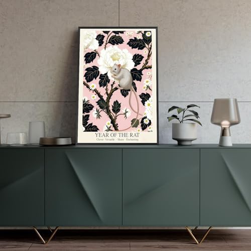 Enchanting Pink Oriental Home Decor - Chinese Lunar Year of the Rat Art Print White Peony & Daisy Pattern Zodiac Wall Art for Bathroom Bedroom Living Room and More 12X18 in Black Framed - Image 4