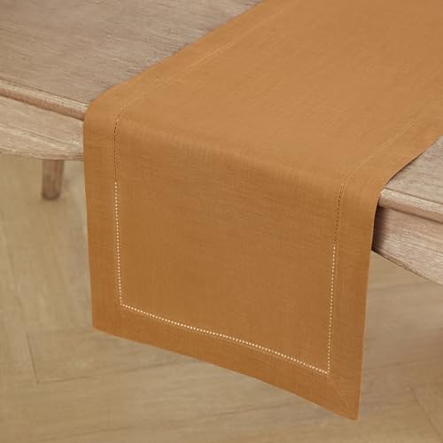 Solino Home 100% Pure Linen Table Runner Brown Sugar Hemstitch, 14 x 144 in - Image 2