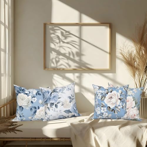 4 Pcs/Set Rose Flowers Pillow Covers Summer Floral Green Leaves Flowering Shrub Plants Natural Scenery Colorful Watercolor Linen Cushion Case for Outdoor Couch Sofa Bedroom, 26"x26" - Image 4