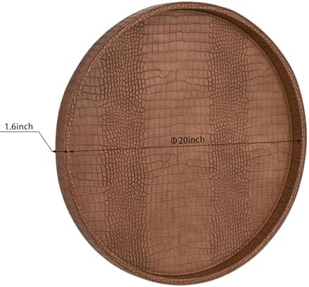 HofferRuffer Round Serving Tray 20'', Elegant Faux Leather Circle Ottoman Table Tray, Serve Tea Coffee Breakfast in Bedroom Living Room Kitchen (Brown) - Image 2