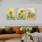 Zeredi Sunflowers Canvas Wall Art Prints, Vintage Impressionist Yellow Flowers Painting Wall Decor, Vintage Watercolor Style Artwork for Living Room Bedroom Framed Ready to Hang 12"x16" Set of 3 - Image 4