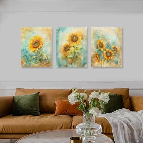 Zeredi Sunflowers Canvas Wall Art Prints, Vintage Impressionist Yellow Flowers Painting Wall Decor, Vintage Watercolor Style Artwork for Living Room Bedroom Framed Ready to Hang 12"x16" Set of 3 - Image 4
