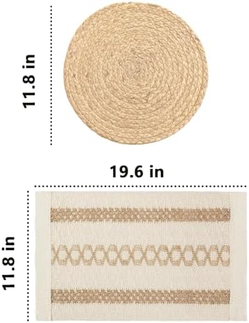 Handmade Rustic Farmhouse Boho Placemats Set, Natural Water Hyacinth Cotton Jute Woven Table Mats with Coasters & Napkin Rings for Kitchen Dining Party (4, Handmade Placemats Set of 4) - Image 5
