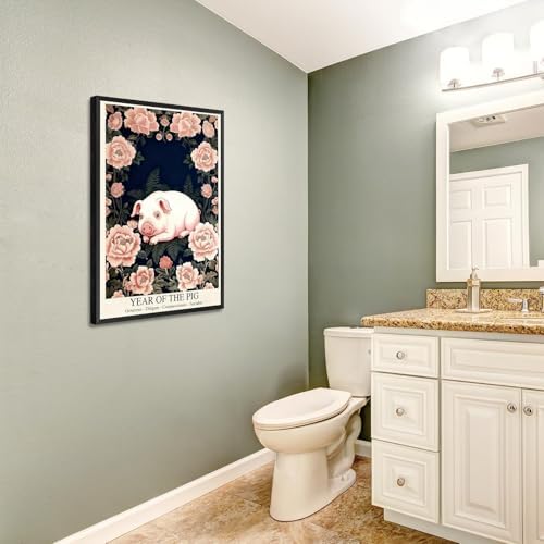 Chinese Lunar Year of the Pig Art Print – Oriental Home Decor with Generous Diligent Compassionate Sociable Pink Peony Pattern Zodiac Wall Decor 8X12 in Wrapped Framed - Image 5
