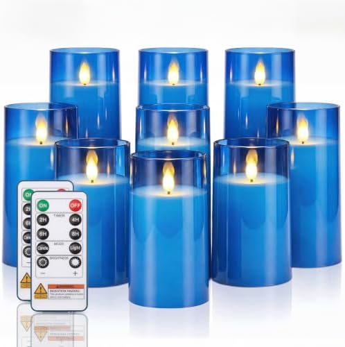 Homemory Blue Flameless LED Pillar Candles with Remote Timer, Set of 9 by Homemory