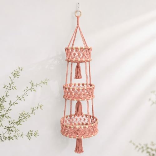 Macrame Hanging Fruit Basket, 3-Tier Boho Kitchen Storage(Pink) by Unknown