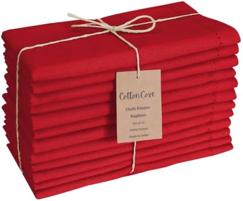Hemstitch Cloth Dinner Napkins Cotton Set of 12 - Soft Durable Washable - Ideal for Farmhouse Parties Wedding Christmas Easter - Perfect Everyday Use Table Cloth Napkins 18x18 Red by CottonCove