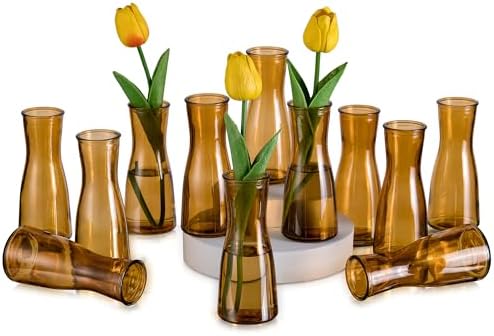Glasseam Brown Glass Bud Vase: Small Set of 12 Mini Vases for Centerpieces, Flowers, Wedding Table, Dining Room Decoration - Modern Minimalist Cute Decorative Decor by Glasseam