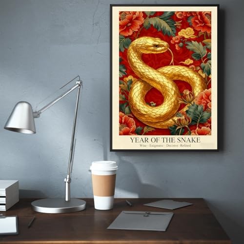 Chinese Lunar Year of the Snake Golden Art Print – Traditional Oriental Home Decor Red Peony & Cloud Pattern Zodiac Wall Decor for Apartment Bedroom Living Room Office 8X12 in Black Framed - Image 6
