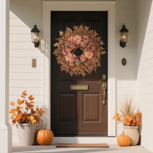 26" Artificial Silk Rose Dahlia Flower Wreath for Front Door (Fall Orange) - Image 2