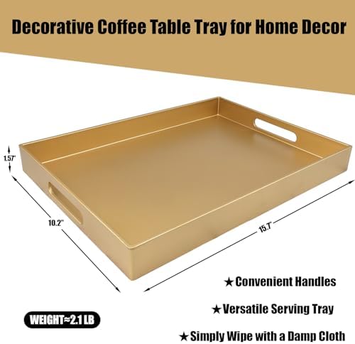 Gold Serving Tray for Coffee Table, Rectangular Plastic Decorative Tray with Handles for Entertaining, Outdoor Patio, Living Room, Ottoman, Bathroom Counter, 11.8”*15.7”*1.6” - Image 2