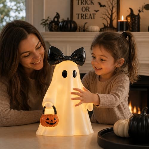 14 in Large Lighted White Ghost Figurine with Pumpkin Lantern&Remote Timer - Image 6