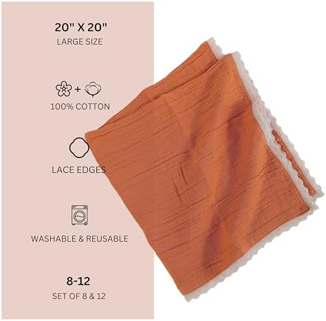FINGERCRAFT Lace Cloth Napkins, Cotton Gauze, Set of 12, 20x20 Inch,Rust - Image 5