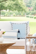Hofdeco Premium Coastal Patio Indoor Outdoor Lumbar Pillow Cover Only, 12"x20" Water Repellent for Backyard, Couch, Baby Blue Embroidered Stripes with Tassels (Pack of 2) - Image 2