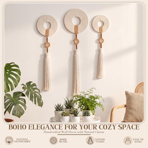 Tegeme 3 pcs Macrame Wall Hanging decor, Woven Tassel, Beige, Wood - Image 5