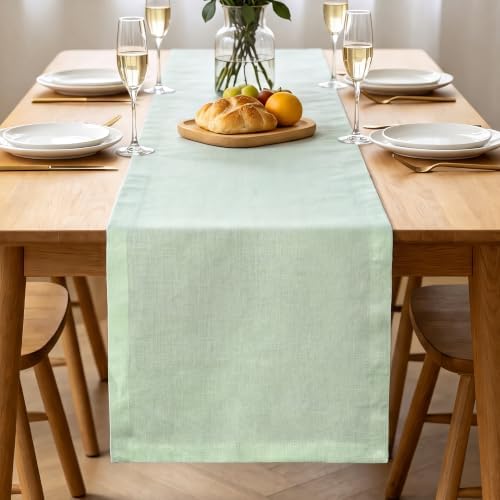Green Linen Table Runner 14 x 108 Inch, 100% Pure Linen, Farmhouse Style, Washable, Rustic Table Decor for Wedding Party, Dining Table, Coffee Table, Dresser, Kitchen, Everyday & Holiday Use - Image 2