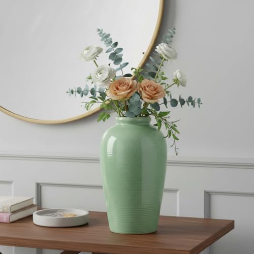 Green Ceramic Vase - 11 Inch Tall Modern Flower Vase for Pampas Grass, Pottery Decorative Vase for Centerpieces, Farmhouse Decor, Living Room, Kitchen, Shelf, Table Decor - Image 5