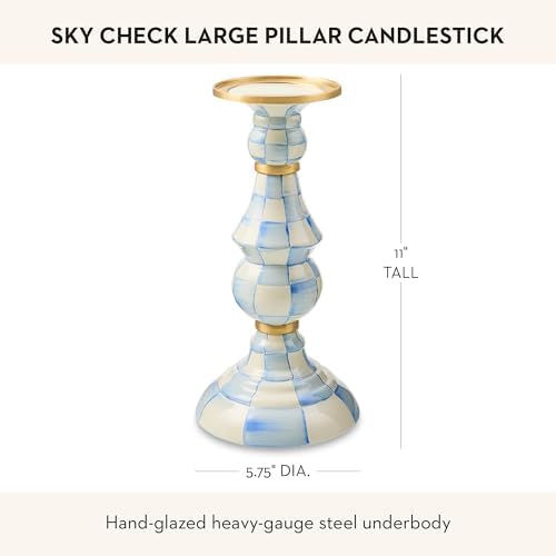 MACKENZIE-CHILDS Pillar Candlestick, Large, Light-Blue-and-White Sky Check - Image 4