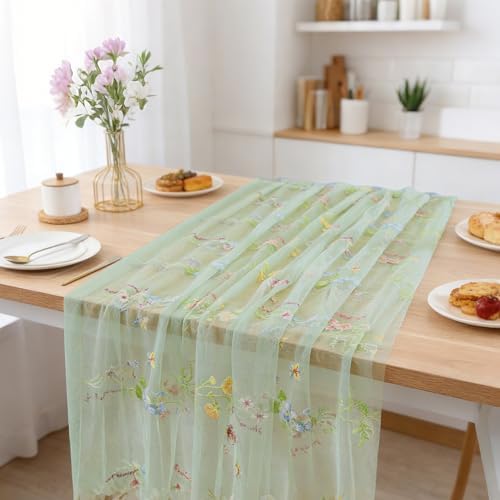 BINBE 12pcs Sage Green Florals Table Runner Embroidery Gauze 10FT Daisy Seasonal Tulle Birthday Wedding Holiday Kitchen Dining Table Decor for Home Party - Image 5