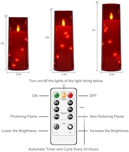 Nimiko Flickering Flameless LED Candles,Battery Operated Candles 9 Pcs with Embedded Star String,Acrylic LED Pillar Candles with Remote,Suitable for Home Decoration to Create an Atmosphere（Red） - Image 5