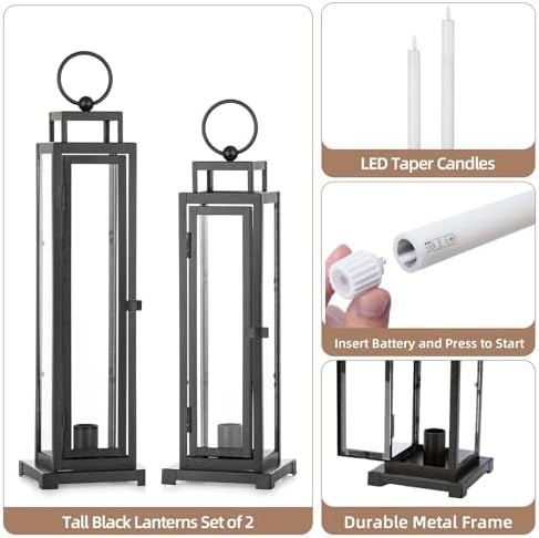 Black Lantern Decorative Indoor, with LED Taper Candles - Image 5