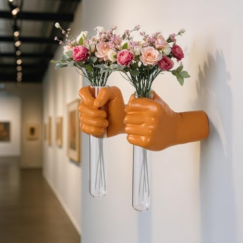 2 Pieces Wall Sculptures, Hands Vase Home Decor, Wall Mount Art Sculpture, Unique Wall Art Statue, Funky Flower Vase Decorations, Modern Eclectic Hanging Decor,Hands Statue (Orange(L+R)) - Image 4