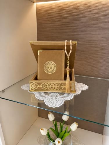 Velvet Covered Quran and Pearl Tasbih in Wooden Decorative Box | Quran Gift Box | Islamic Gift Set | Islamic Birthday, Wedding Gift | Muslim Eid Ramadan Gift (Gold) - Image 3
