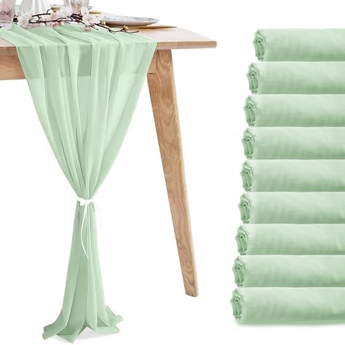 10 Pack Sage Green Chiffon Table Runners, 120 x 12 in by VZZNN