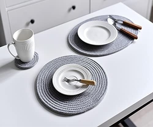 6 Pack Cotton Woven Placemats, 13.8 inches Round Plate Chargers Grey Thick Placemat Set Cotton Rope Braided Tablemats Rattan Tablemats Rustic Weave Placemats for Dining Table - Image 6
