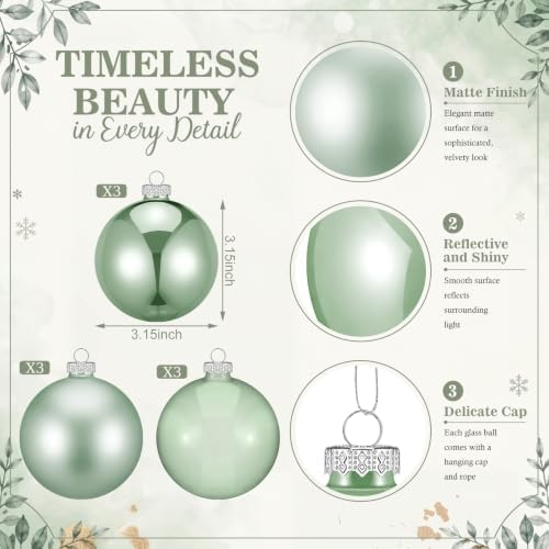 Seenelling 12 Pcs Christmas Glass Ball Ornaments 3.15 Inch, Sage Green - Image 3