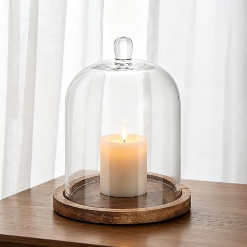 8" Wide Glass Bell Cloche with Wooden Base In Vintage Natural, Clear Dome Display Cover, Decorative Terrarium Jar (Vintage Natural, 9.5"x11") - Image 3